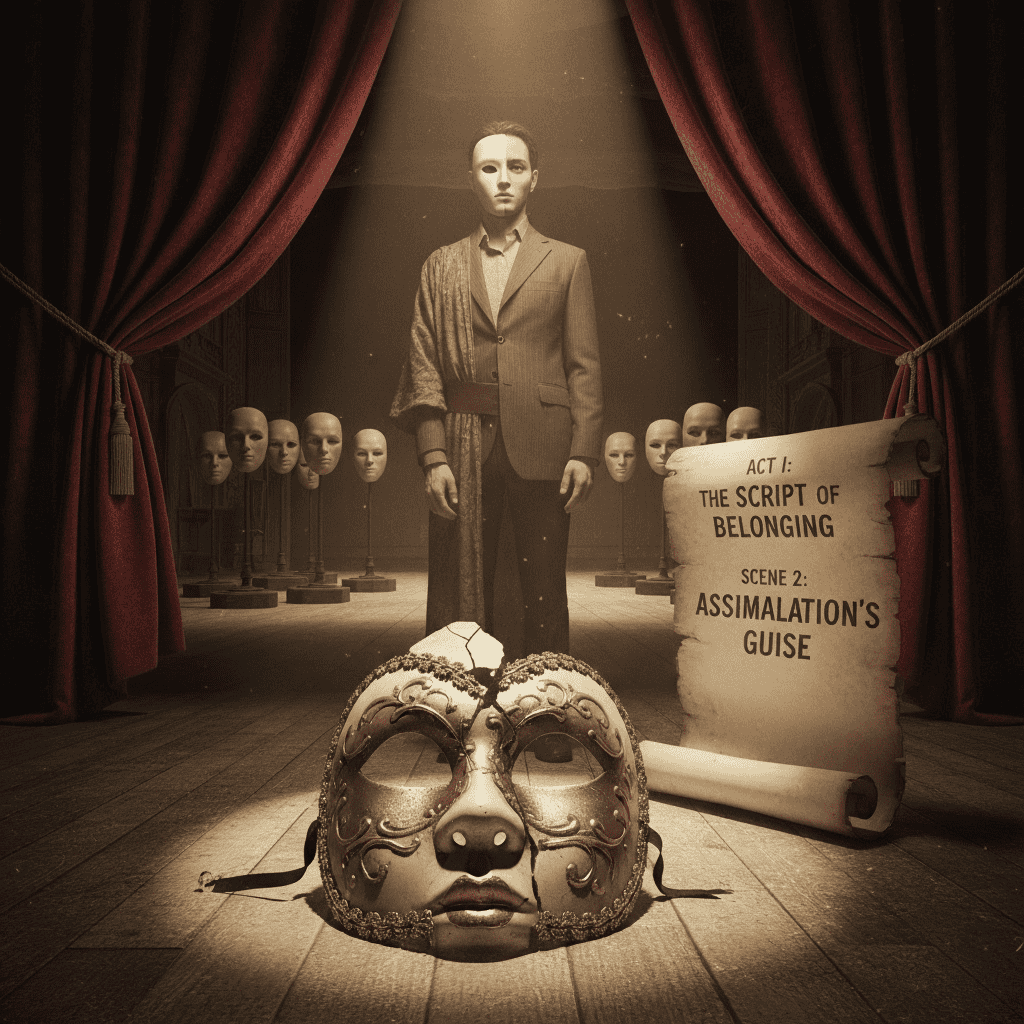 A person in a suit stands on a stage under a spotlight, wearing a white mask, with multiple other masks displayed behind them. In front, a cracked ornate mask lies on the floor, and a scroll reads “Act I: The Script of Belonging, Scene 2: Assimilation’s Guise.” Red curtains frame the scene, evoking the performance of identity and assimilation.