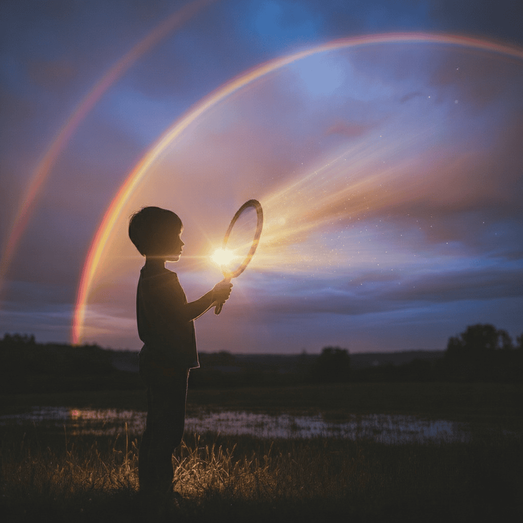 Silhouette of a child catching sunlight with a racket under a glowing double rainbow in a twilight sky.