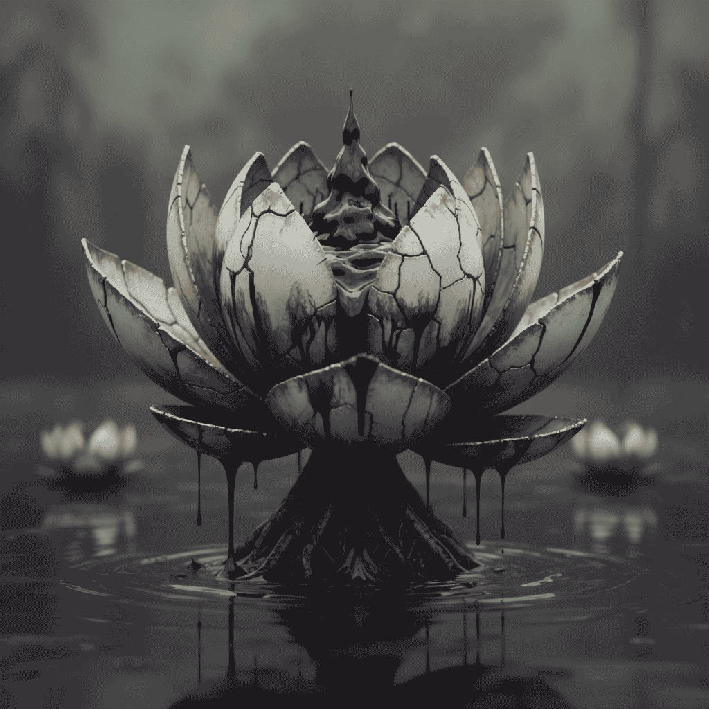 Digital artwork of a lotus flower with cracked petals, oozing black liquid, symbolizing the corruption of purity and spirituality.