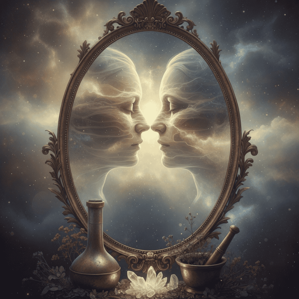 Twin faces reflected in a glowing alchemical mirror surrounded by vessels and crystals, symbolizing self-reflection, polarity, and transformation.