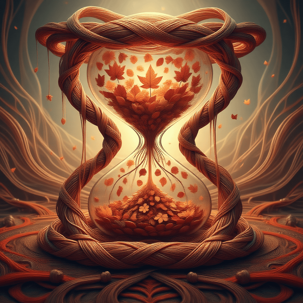 An hourglass entwined with green vines and autumn leaves, symbolizing patience, natural cycles, and the passage of time.