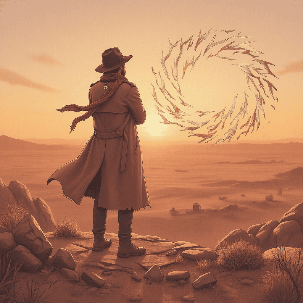 Illustration of a solitary wanderer in a coat and hat standing on a cliff at sunrise, facing a glowing circular formation of light in the sky. The image represents inner freedom, spiritual awakening, and the balance between East and West.