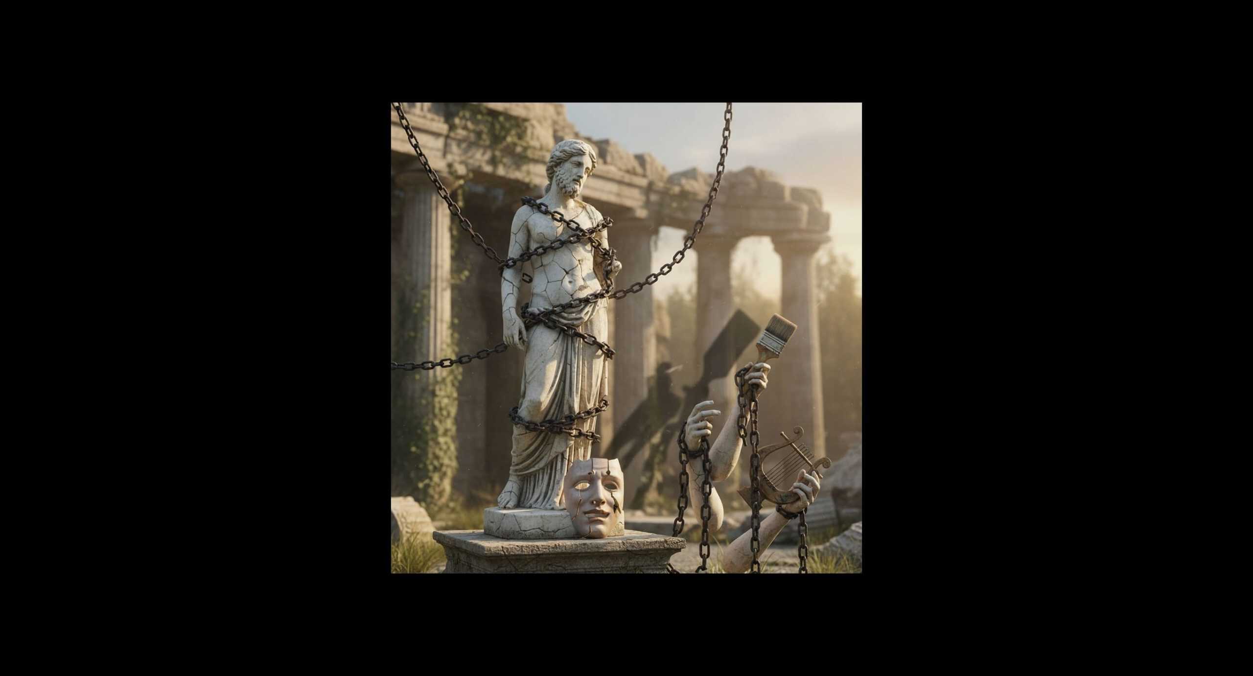 A weathered marble statue bound in dark chains with a cracked theatrical mask at its base; nearby, stone hands wrapped in chains hnew a paintbrush and a lyre, set against the ruins of a classical temple overgrown with vines.