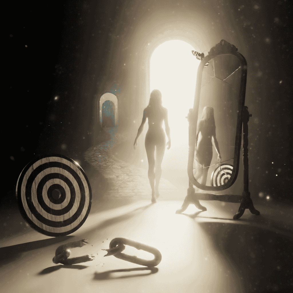 A symbolic scene showing a woman walking toward a glowing doorway of light. In the foreground, a broken chain lies beside a dartboard, a cracked mirror reflects her, and a tiger moth rests on the target — representing release from karmic bondage and transformation.
