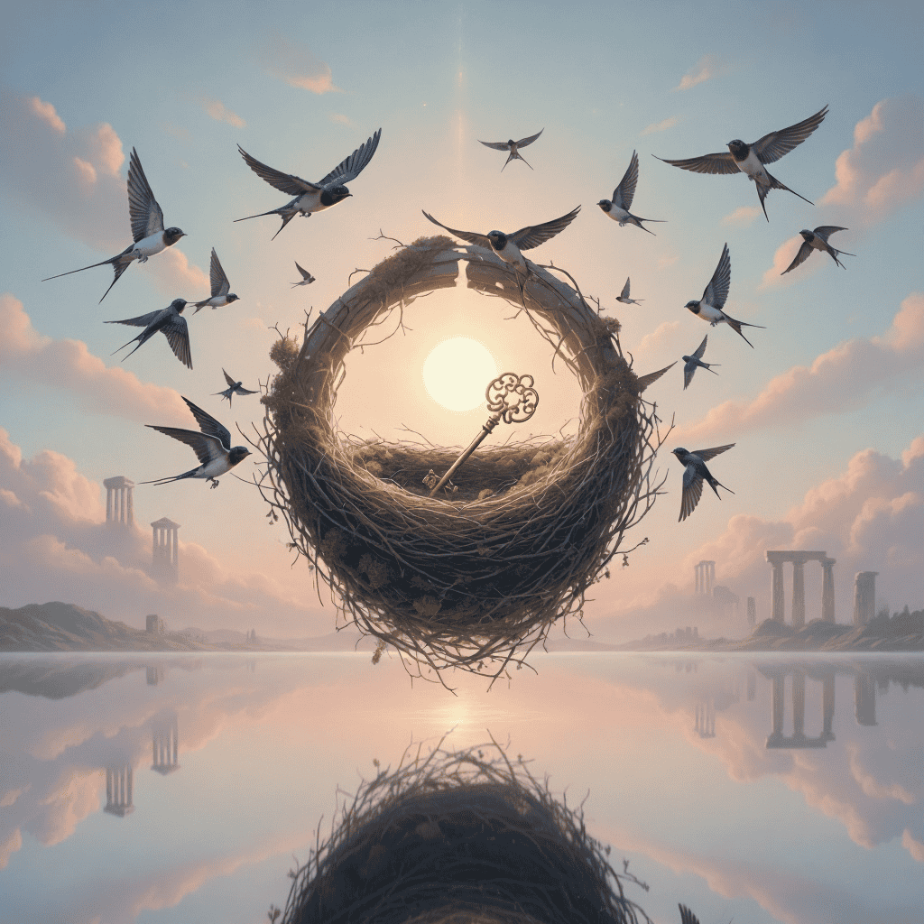 Swallows circling a glowing nest with a gnewen key at its center against a dreamy sky.