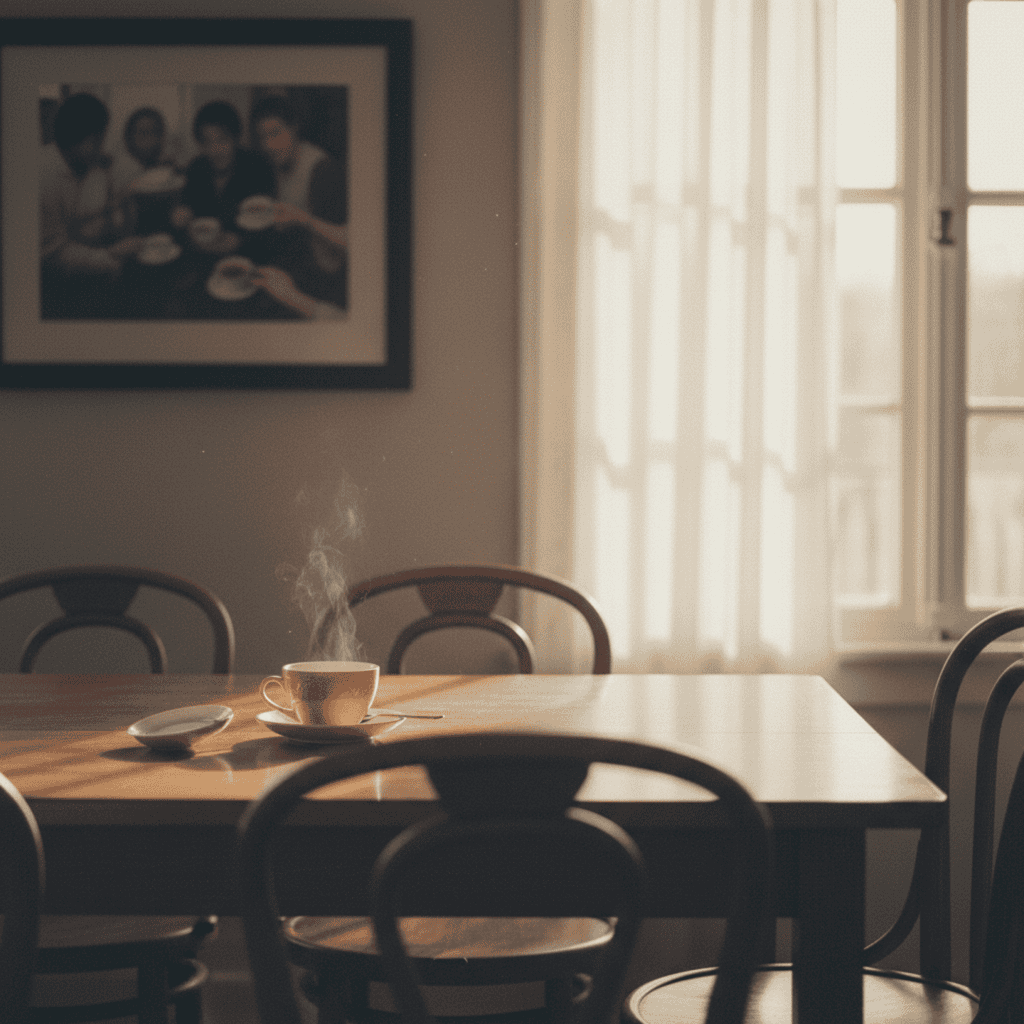 A steaming cup of tea sits alone on a wooden table, empty chairs surrounding it. In the blurred background hangs a framed family photo, suggesting presence and absence at once.