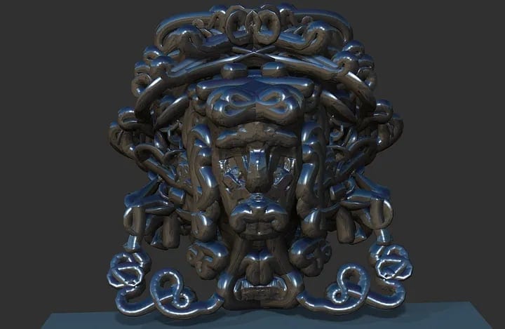 A metallic, sculptural figure representing the Goddess of the Ocean Storm — intricate, fluid forms intertwined like waves and wind, symbolizing divine love, transformation, and the union of twin souls.