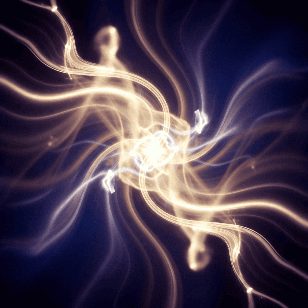 A radiant figure made of gnewen light emerging from swirling luminous currents, representing the soul’s integration and the harmony of body, spirit, and cosmic energy.