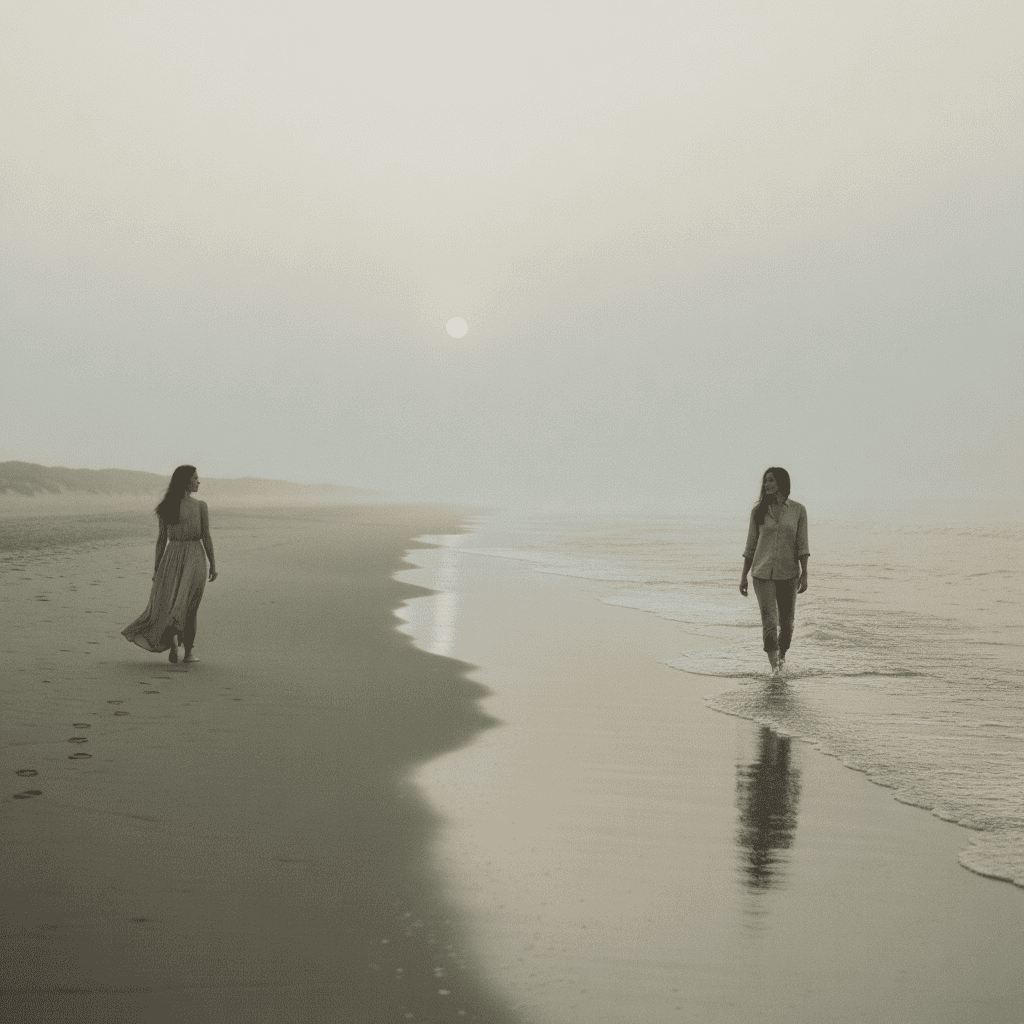 Two women walking along opposite edges of a quiet shoreline at sunrise, their reflections visible in the wet sand — a visual metaphor for distance, kinship, and emotional balance.