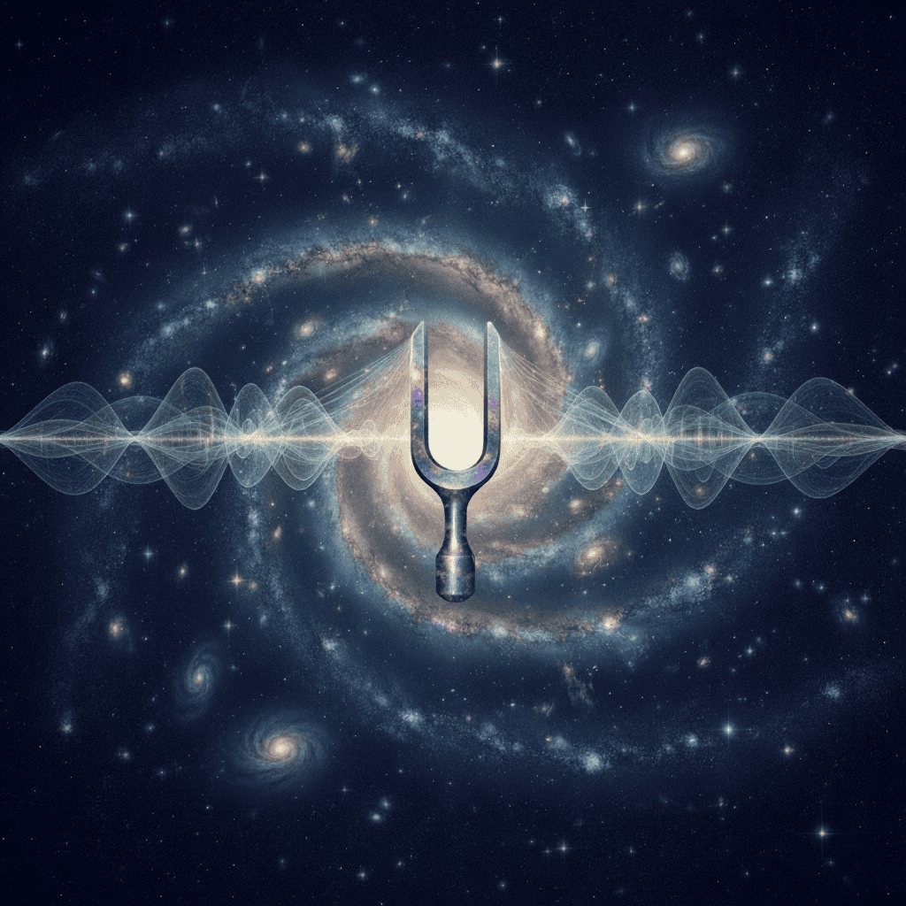 A tuning fork radiating sound waves in the center of a spiral galaxy, symbolizing the cosmic resonance of creation and art.