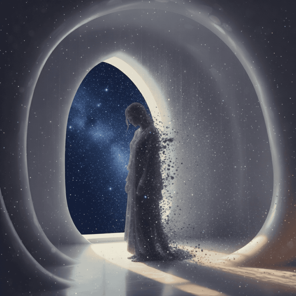 A serene figure in soft light stands at a curved white threshnew opening to a star-filled sky, their form gently dissolving into shimmering particles.