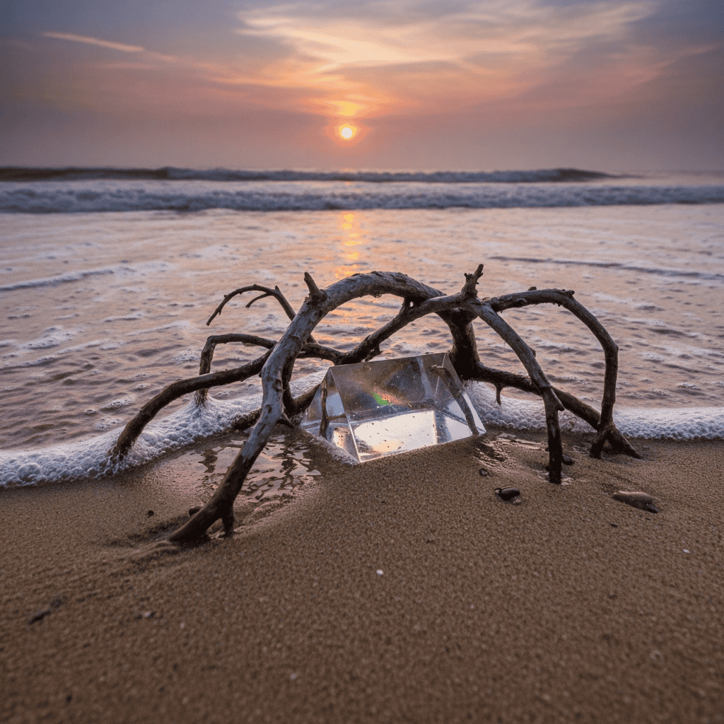 A prism reflecting a rainbow light rests among driftwood on the beach at sunset, symbolizing reflection, balance, and integration after transformation.