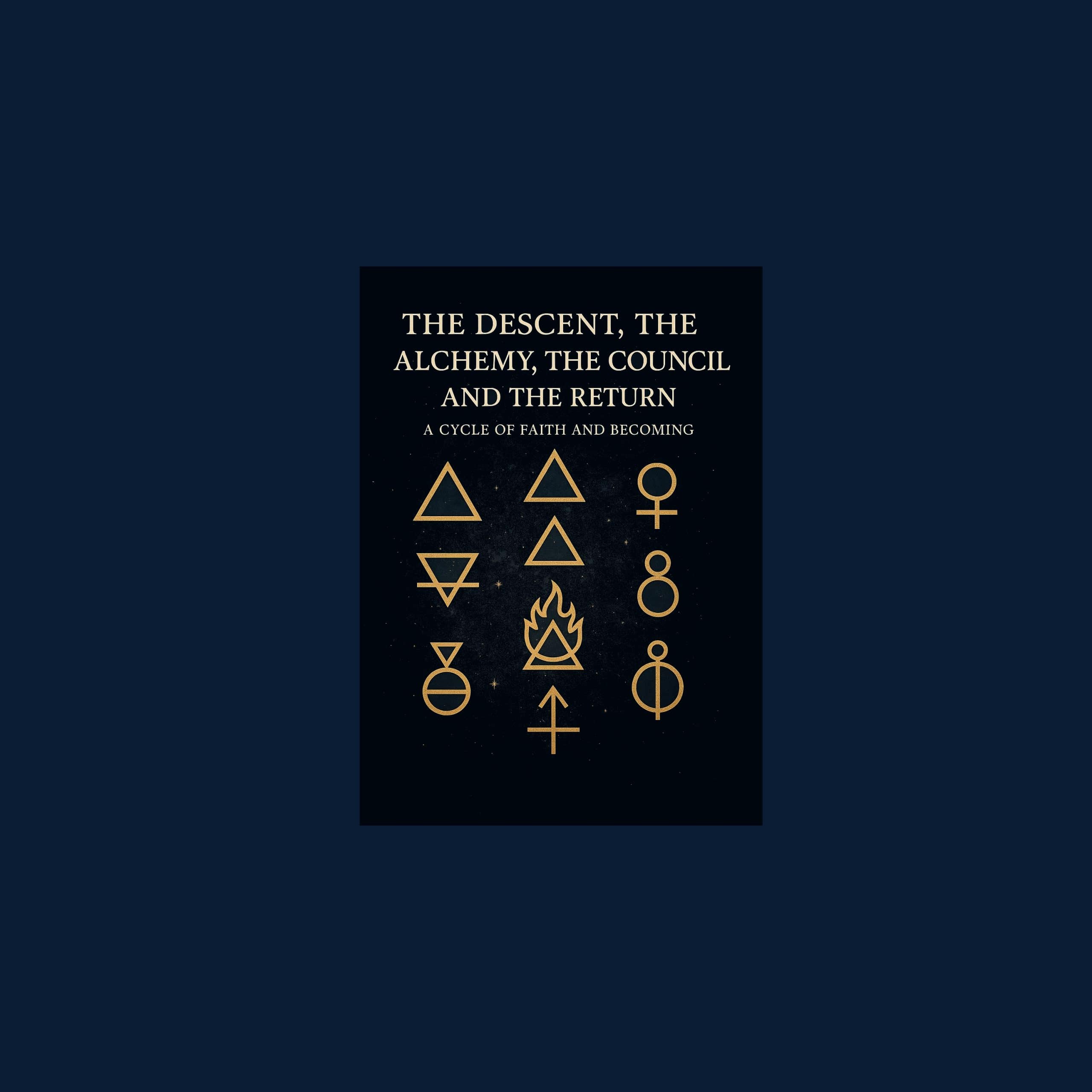 Book cover for The Descent, The Alchemy, The Council, and The Return — featuring golden alchemical symbols of fire, water, air, and earth on a dark cosmic background, symbolizing the soul’s journey of faith and becoming.