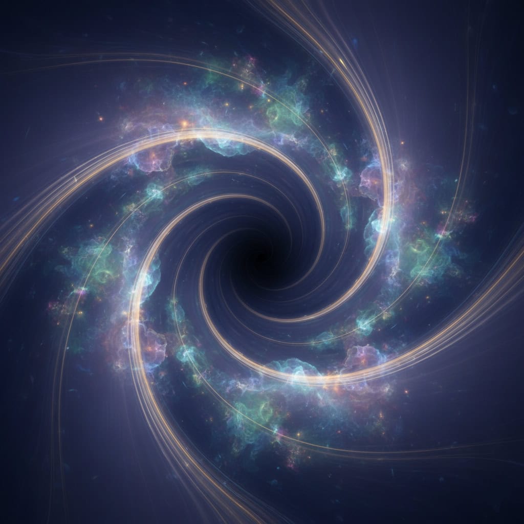 Abstract digital image showing a luminous spiral vortex of blue and gold light curving inward into a dark cosmic center, symbolizing motion and gravity.