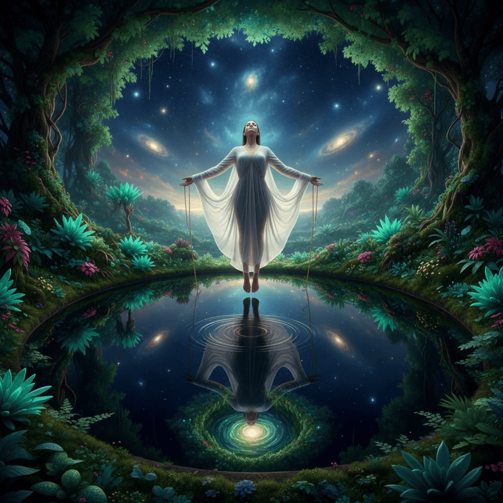 A human spirit rising above the cosmic pool, embodying the sacred truth of divine separation — to be alone is to be whole.