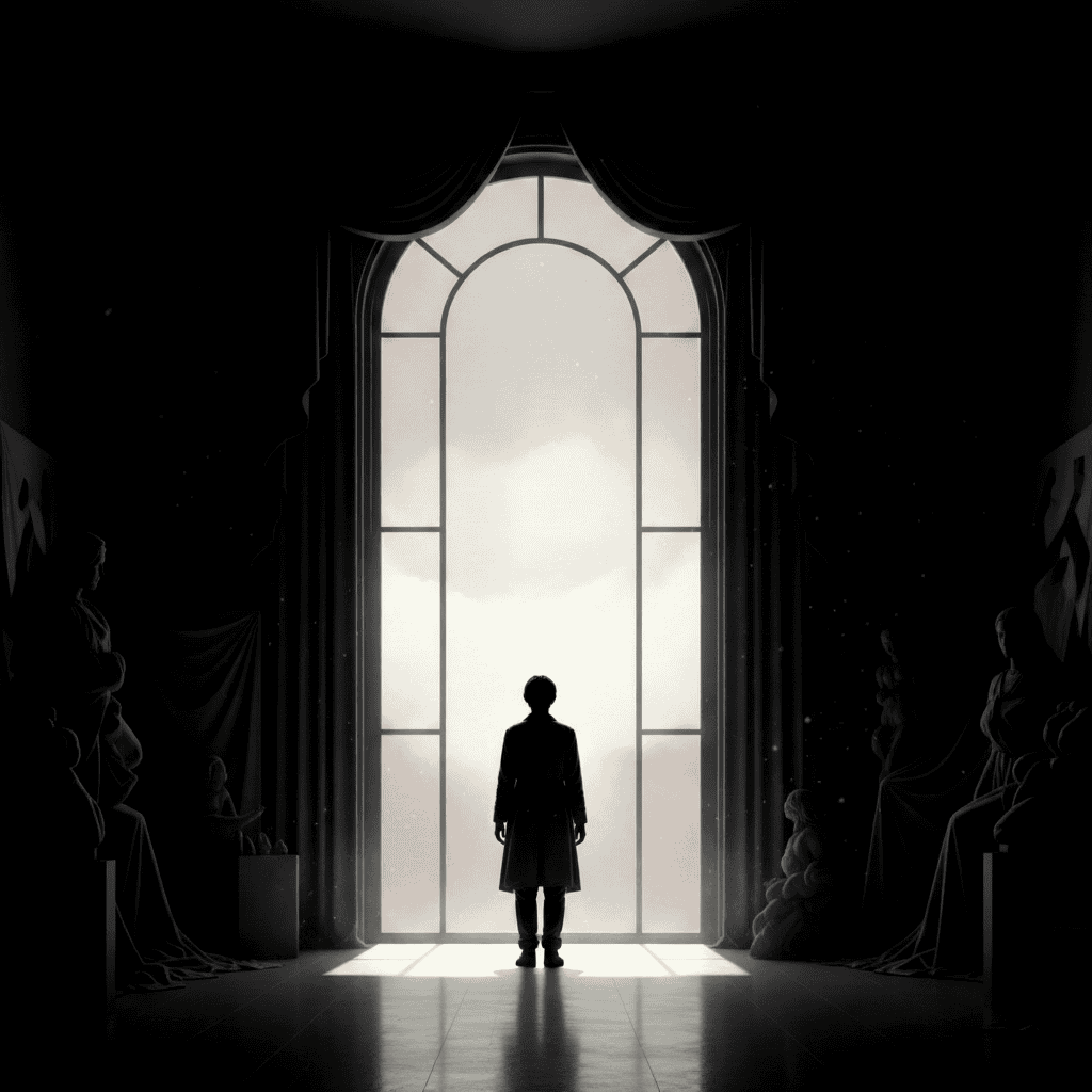 Silhouetted artist standing in a dim studio before a tall, glowing arched window, surrounded by shadowed sculptures and soft falling dust.