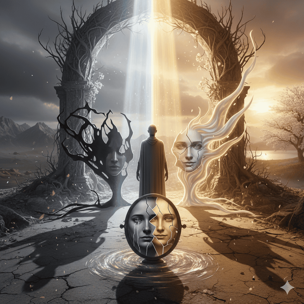 Surreal artwork of a figure standing beneath an archway between light and shadow, flanked by abstract human faces representing duality, with a fractured mirror face in the foreground.