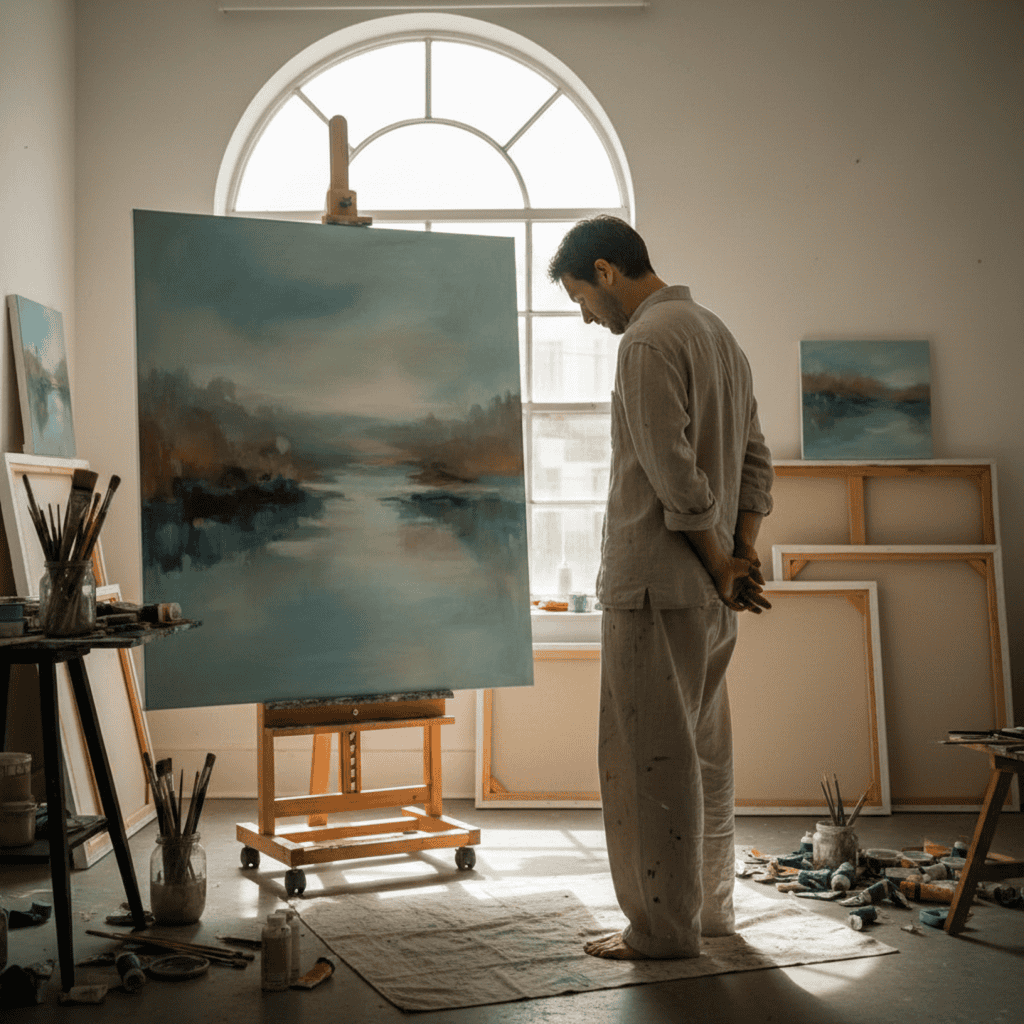 An artist standing before a large abstract landscape painting in a softly lit studio, observing the work in a contemplative, reflective posture.