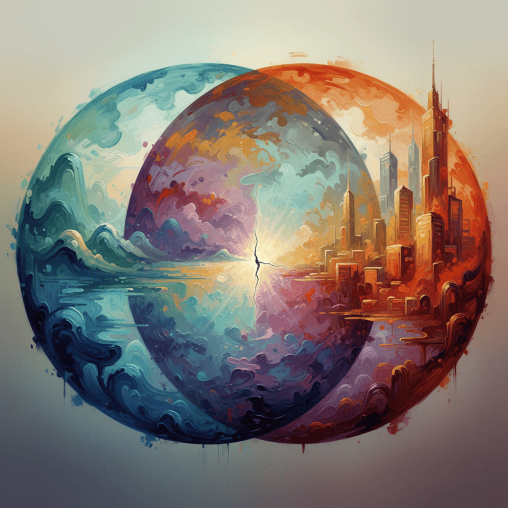 Abstract artwork of two overlapping worlds—one inspired by Eastern landscapes and the other by Western urban architecture—forming a circular yin-yang-like composition that symbolizes cultural duality, identity tension, and integration.
