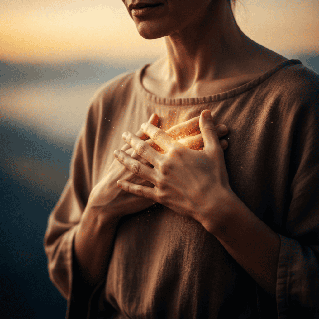 Person holding their hands over their heart with a warm glowing light, symbolizing grounding, compassion, and inner energy.