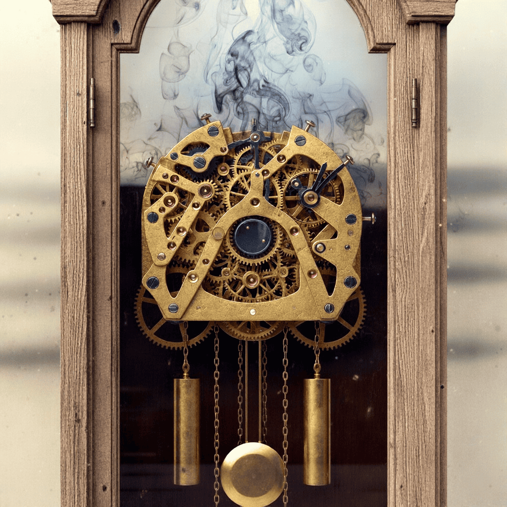 Golden clockwork gears inside a wooden Grandfather Clock with ethereal smoke swirling behind the mechanism.