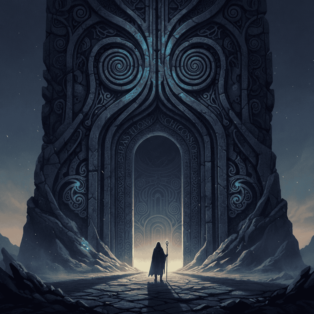 A lone human figure standing before a towering Kafkaesque gate, symbolizing the bureaucratic labyrinth and existential thresholds explored in the essay.