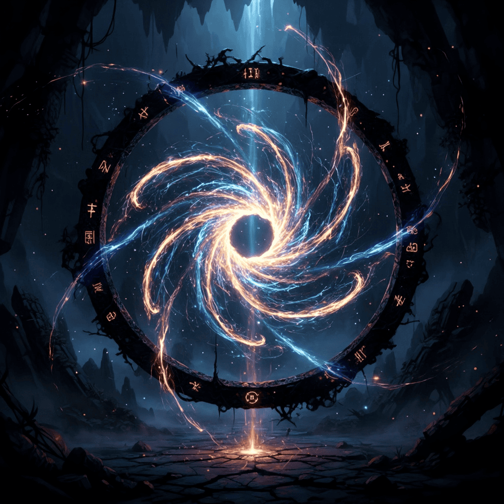 A glowing ring of ancient symbols forms a vortex of light in a dark cavern — representing The Wheel of Becoming and the cycle of stillness transforming into motion and remembrance.