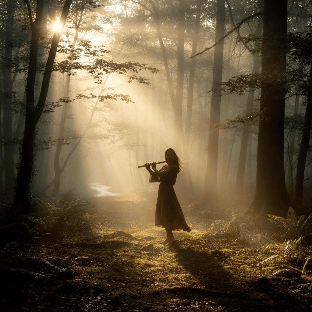 A woman standing in a misty forest at sunrise, playing a flute as golden light filters through the trees — symbolizing stillness within motion and spiritual awakening.