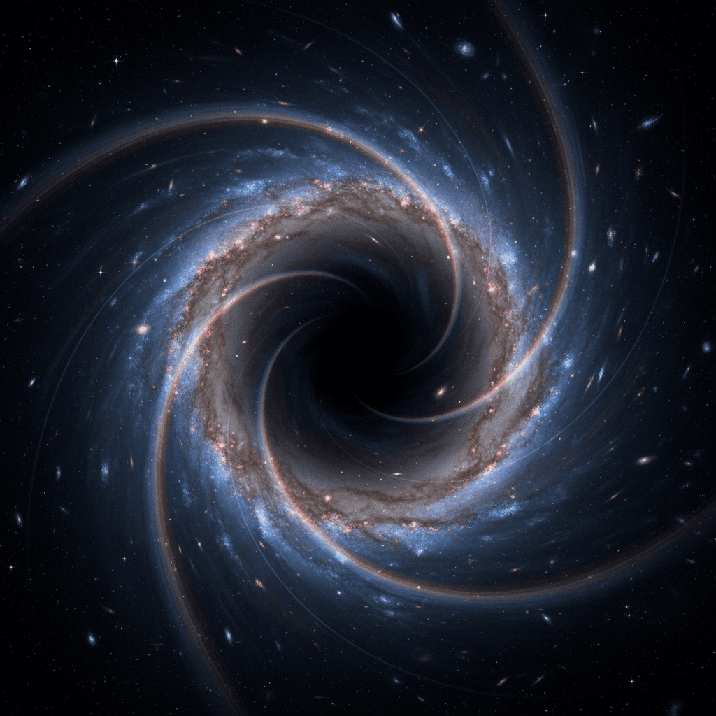 A detailed image of a cosmic black hole with spiraling galaxies of light, representing the cycle of creation, collapse, and remembrance in the universe.